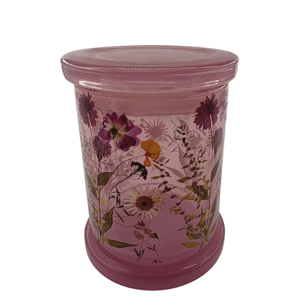 Ivy Botanics Pink Glass Pressed Floral Botanical Empty Storage Lidded Vanity Jar